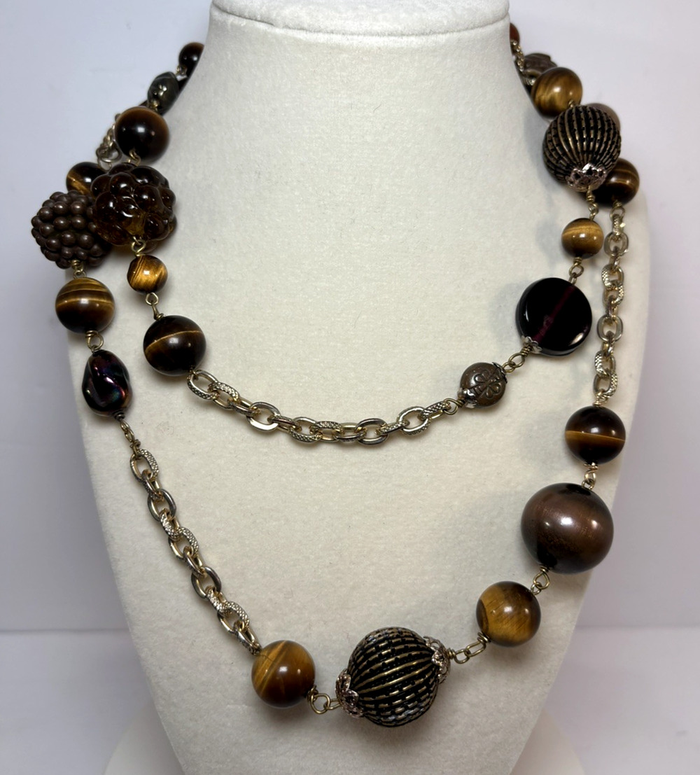 Vintage 30" Natural Tiger's Eye Bead Necklace 119g Heavy Statement Strand